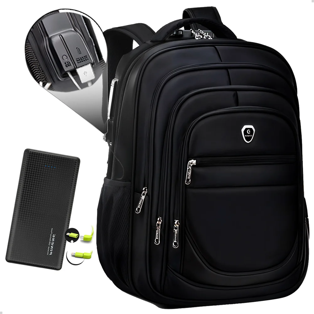 Imagem 1 de 5 do produto Kit Mochila Executiva Grande + Carregador Portátil Compacto Cor Preto-preto