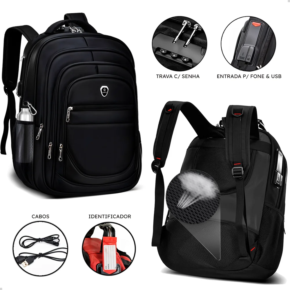 Imagem 2 de 5 do produto Kit Mochila Executiva Grande + Carregador Portátil Compacto Cor Preto-preto