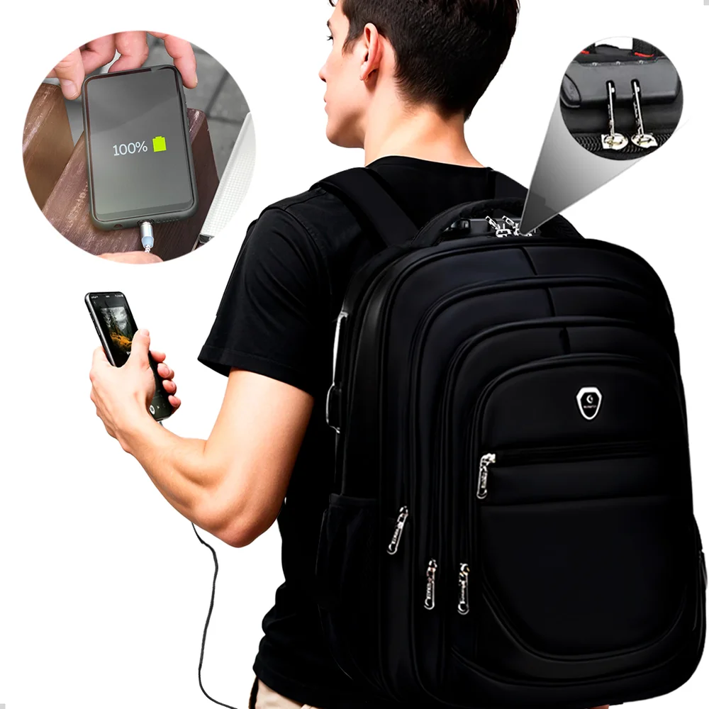 Imagem 4 de 5 do produto Kit Mochila Executiva Grande + Carregador Portátil Compacto Cor Preto-preto