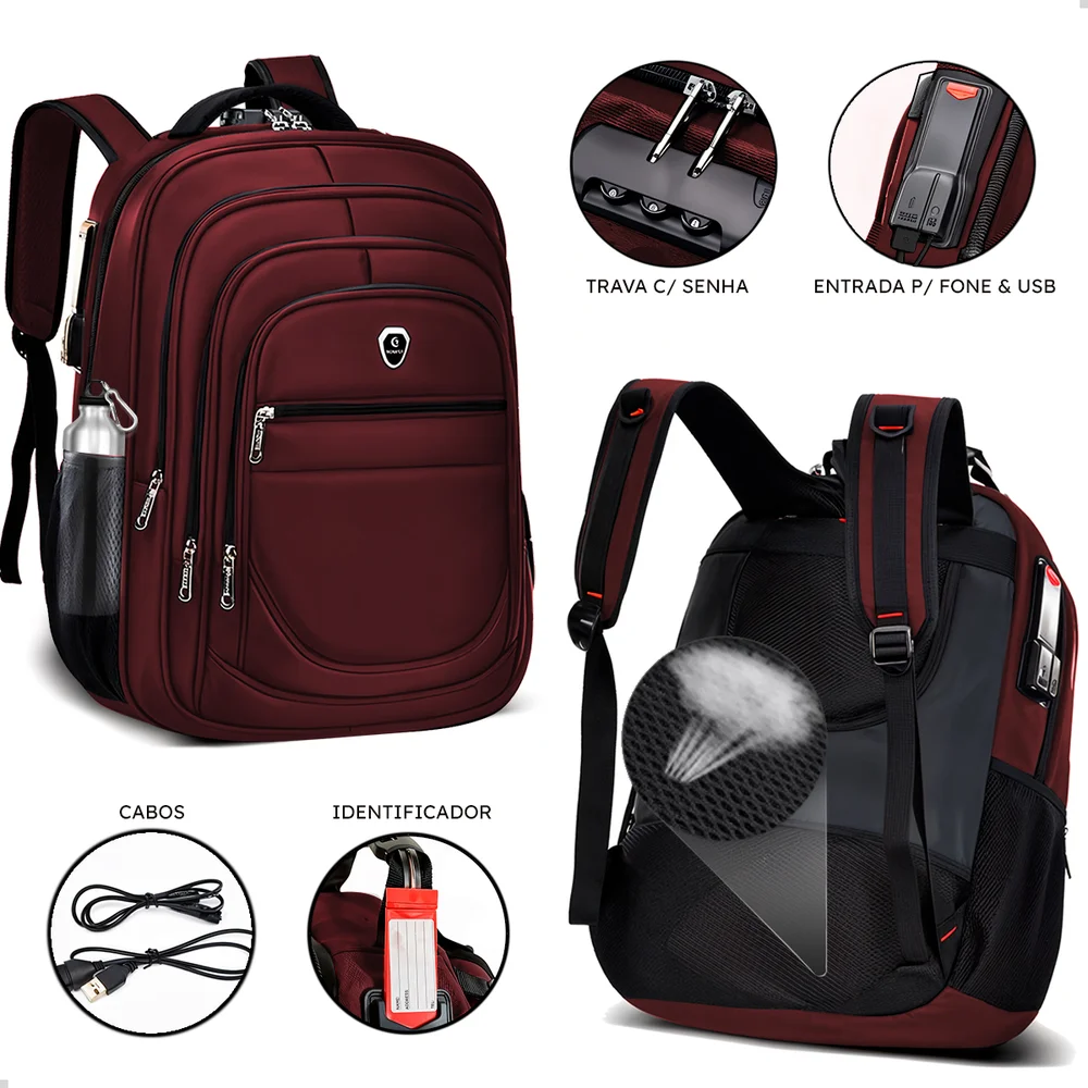 Imagem 2 de 5 do produto Kit Mochila Executiva Grande + Carregador Portátil Compacto Cor Vermelho-preto
