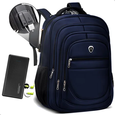 Kit Mochila Executiva Grande + Carregador Portátil Compacto Cor Azul-branco