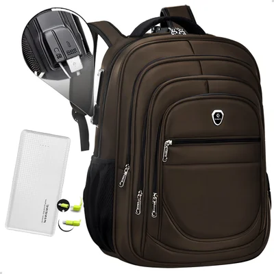 Kit Mochila Executiva Grande + Carregador Portátil Compacto Cor Marrom-branco