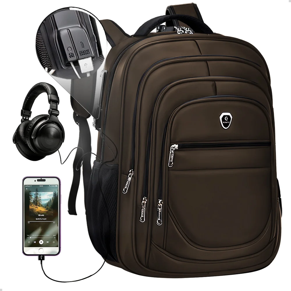Imagem 5 de 5 do produto Kit Mochila Executiva Grande + Carregador Portátil Compacto Cor Marrom-branco