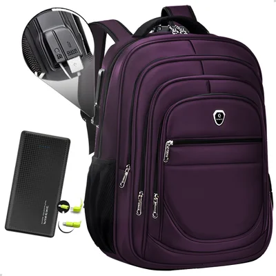 Kit Mochila Executiva Grande + Carregador Portátil Compacto Cor Roxo-preto