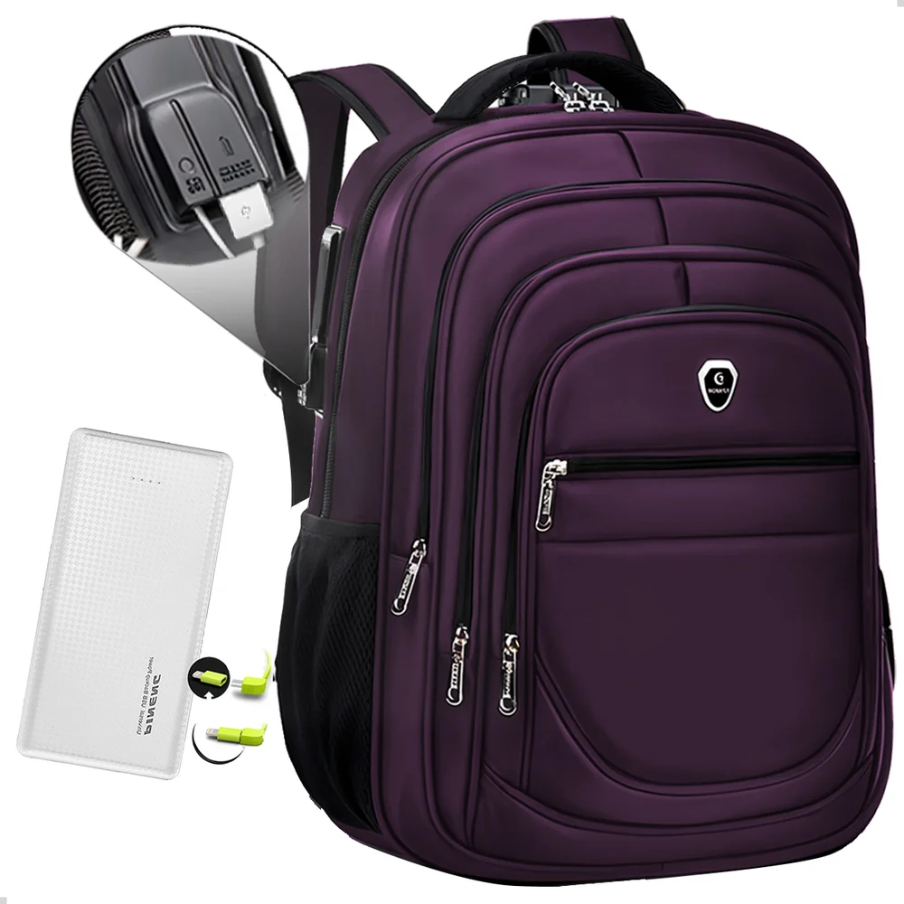 Imagem 1 de 5 do produto Kit Mochila Executiva Grande + Carregador Portátil Compacto Cor Roxo-branco