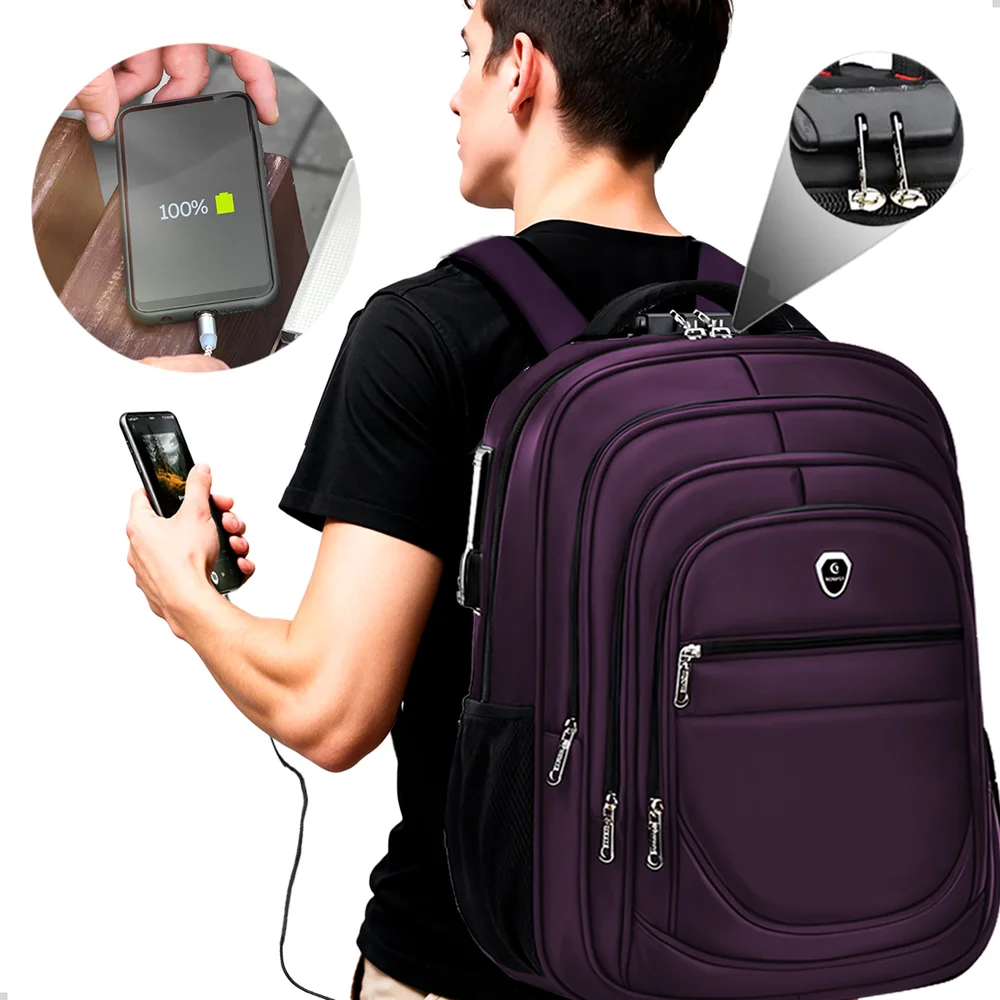 Imagem 4 de 5 do produto Kit Mochila Executiva Grande + Carregador Portátil Compacto Cor Roxo-branco