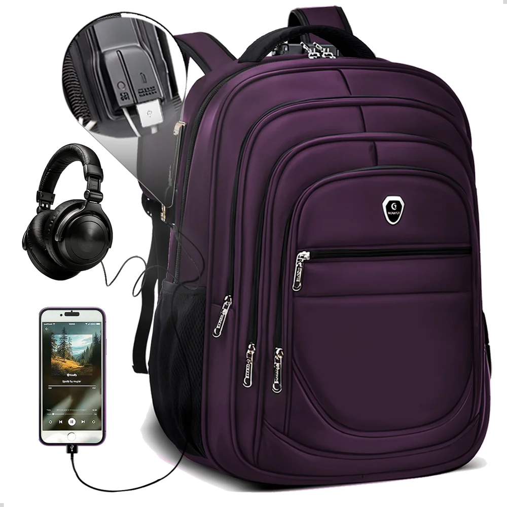 Imagem 5 de 5 do produto Kit Mochila Executiva Grande + Carregador Portátil Compacto Cor Roxo-branco