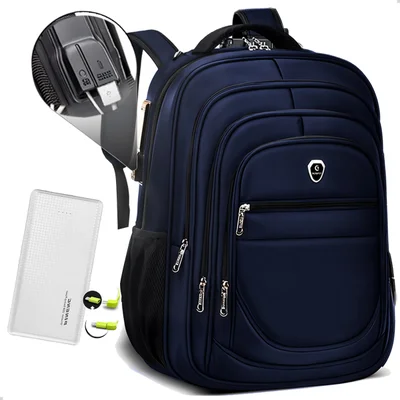 Kit Mochila Executiva Grande + Carregador Portátil Compacto Cor Azul-branco