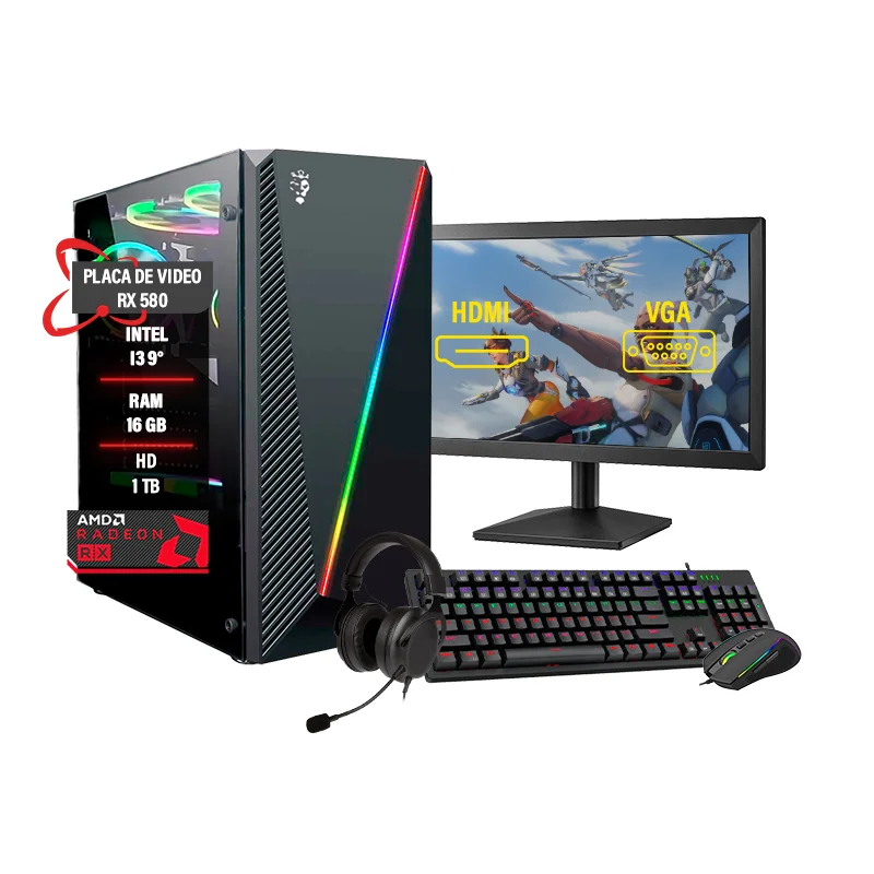 PC Gamer Completo I3 9° Ram 16gb Rx580 SSD 240 Hd 1TB 21"
