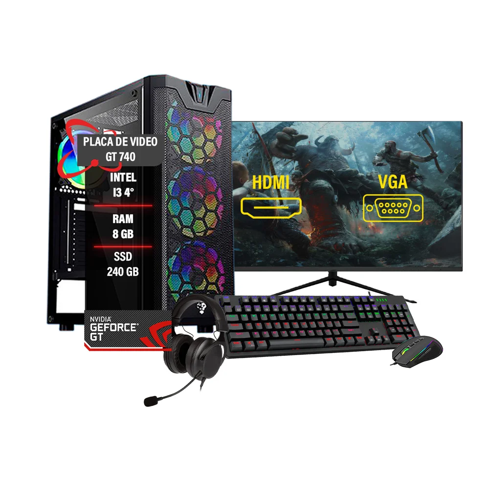 PC Gamer Completo Intel I3 4º Gt 740 Ram 8GB SSD 240GB 27"