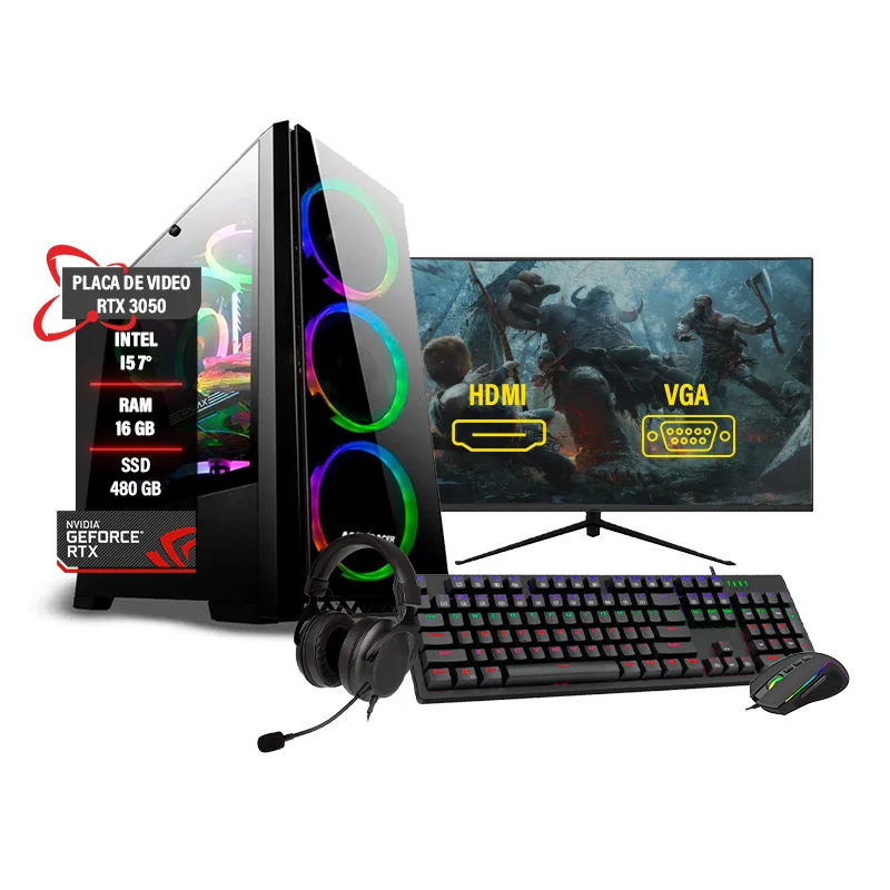 PC Gamer Completo I5 7° Ram 16gb RTX3050 SSD 480GB Hd1TB 24"