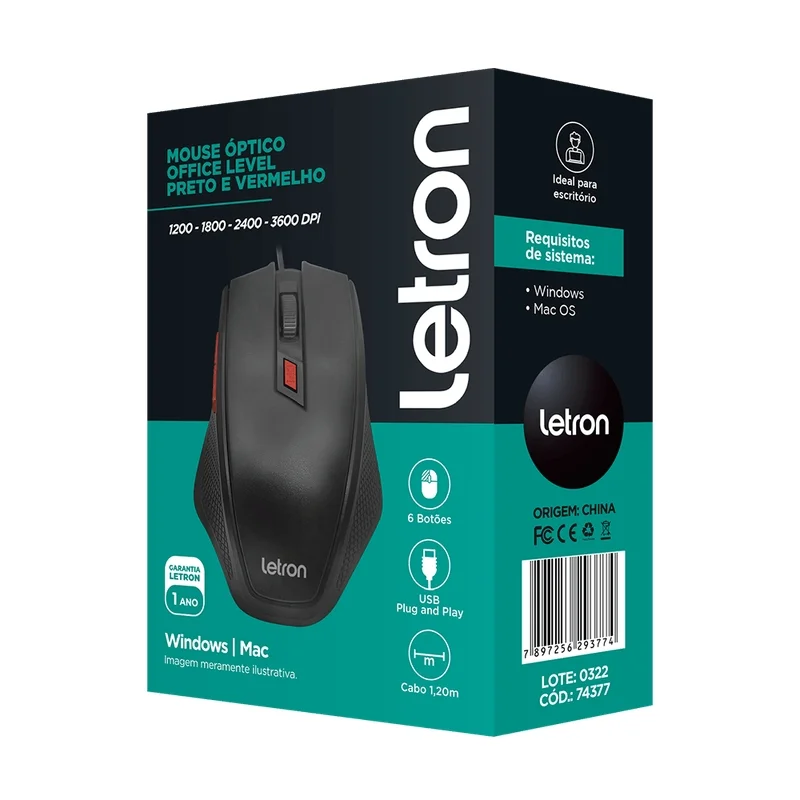Imagem 2 de 3 do produto Mouse Optico Office Level Preto E Vermelho Fio Usb Ergonomico 6d Letron