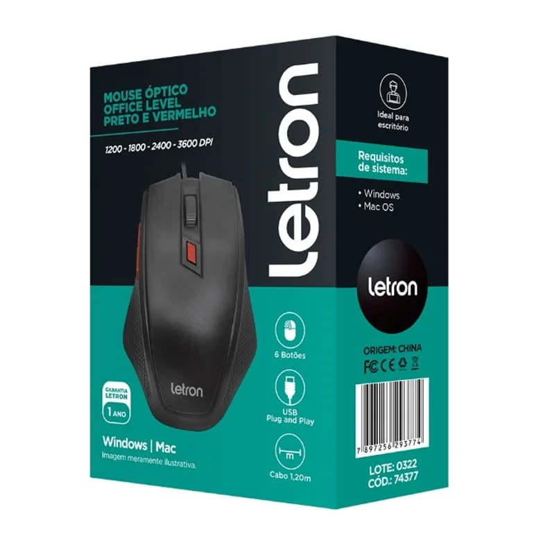 Imagem 3 de 3 do produto Mouse Optico Office Level Preto E Vermelho Fio Usb Ergonomico 6d Letron