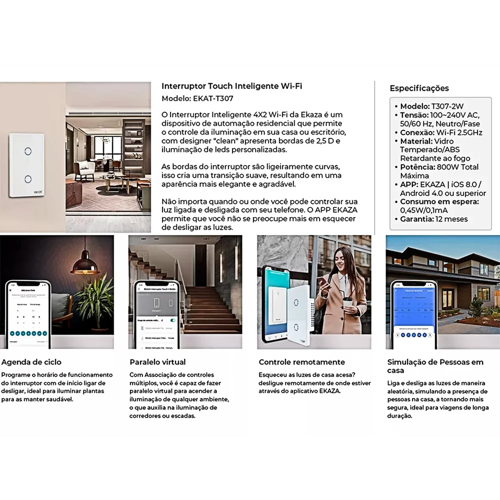 Imagem 5 de 5 do produto Interruptor Touch Intelig 2botões Wifi Alexa Google - Branco