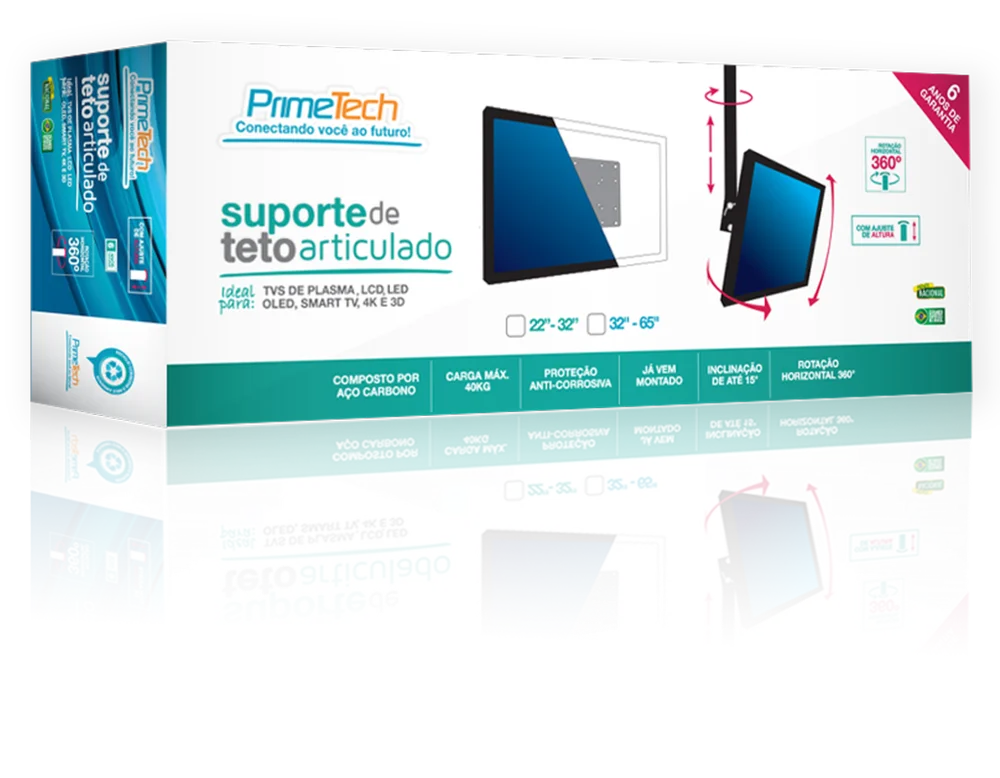 Imagem 3 de 4 do produto Suporte Teto Articulado C/ Inclinacao Tv De 32 A 65 3 Articulacoes Preto Primetech