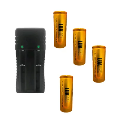 Kit Carregador Duplo 2 Slot Bateria 26650, 18650 E 4 Bateria - Carre + 4 Bateria Dourada