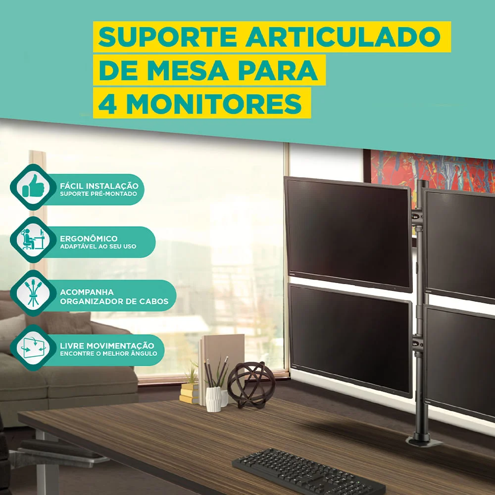 Imagem 2 de 4 do produto Suporte Para 4 Monitores Articulado De Mesa 13 Até 32 Sbrm74