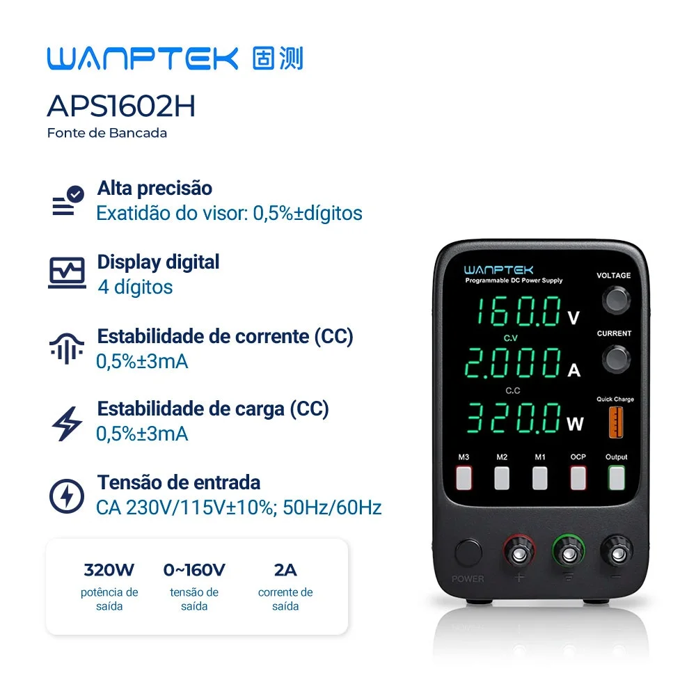 Imagem 2 de 5 do produto Fonte De Bancada Wanptek Aps1602h 160v 2a 320w