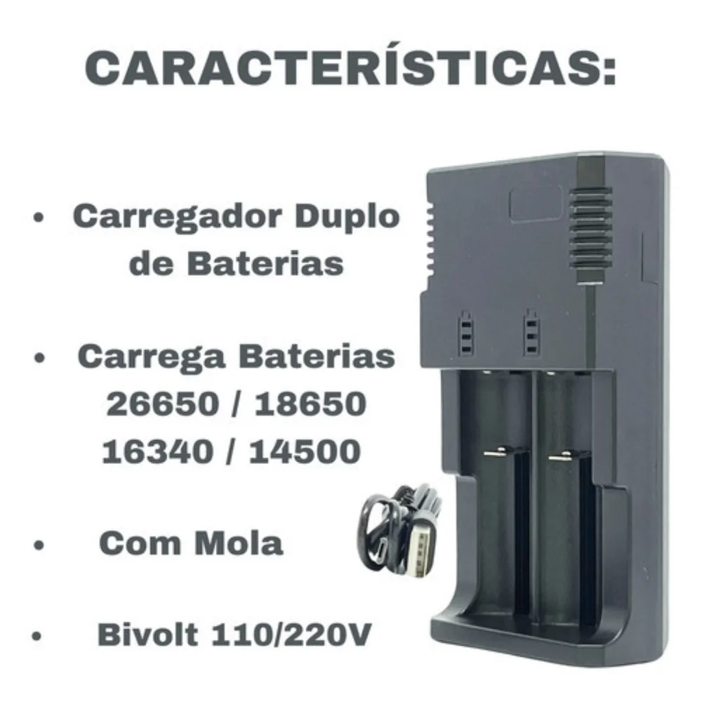 Imagem 2 de 5 do produto Carregador Duplo Sem Visor Para Baterias 26650 E 18650 Bivolt Com Mola