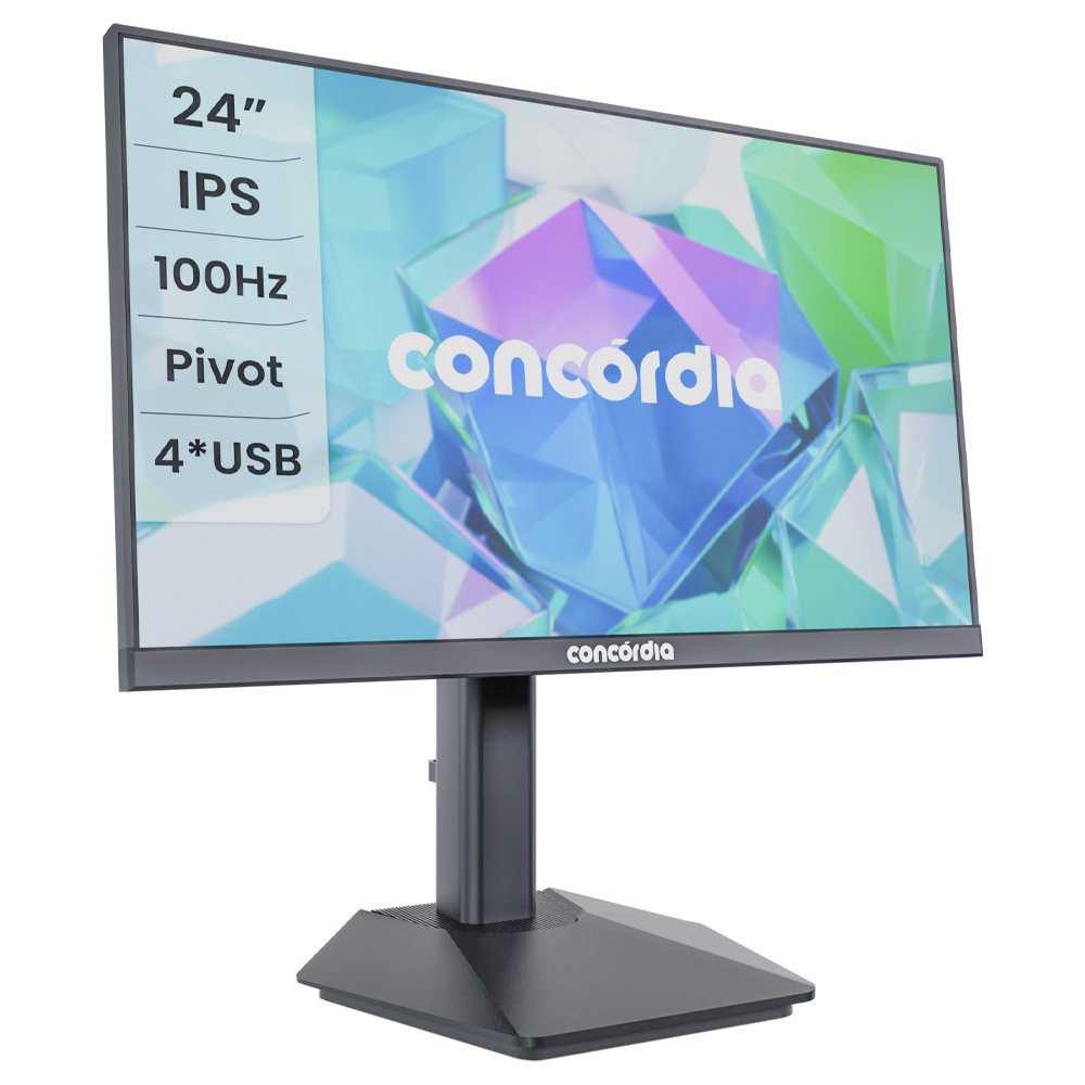 Monitor Concórdia P2404 24" IPS, HDMI, DP, VGA e 4 USB 3.2, Com Ajuste de Altura e Rotação