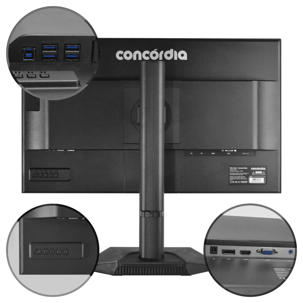 Monitor Concórdia P2404 24" IPS, HDMI, DP, VGA e 4 USB 3.2, Com Ajuste de Altura e Rotação