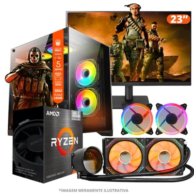 PC Gamer Amd Ryzen 5 5600gt, 16gb Ram, Placa De Video Radeon Vega 7, SSD 480GB, Fonte 550w, Water Cooler + Monitor 23” LED 75hz
