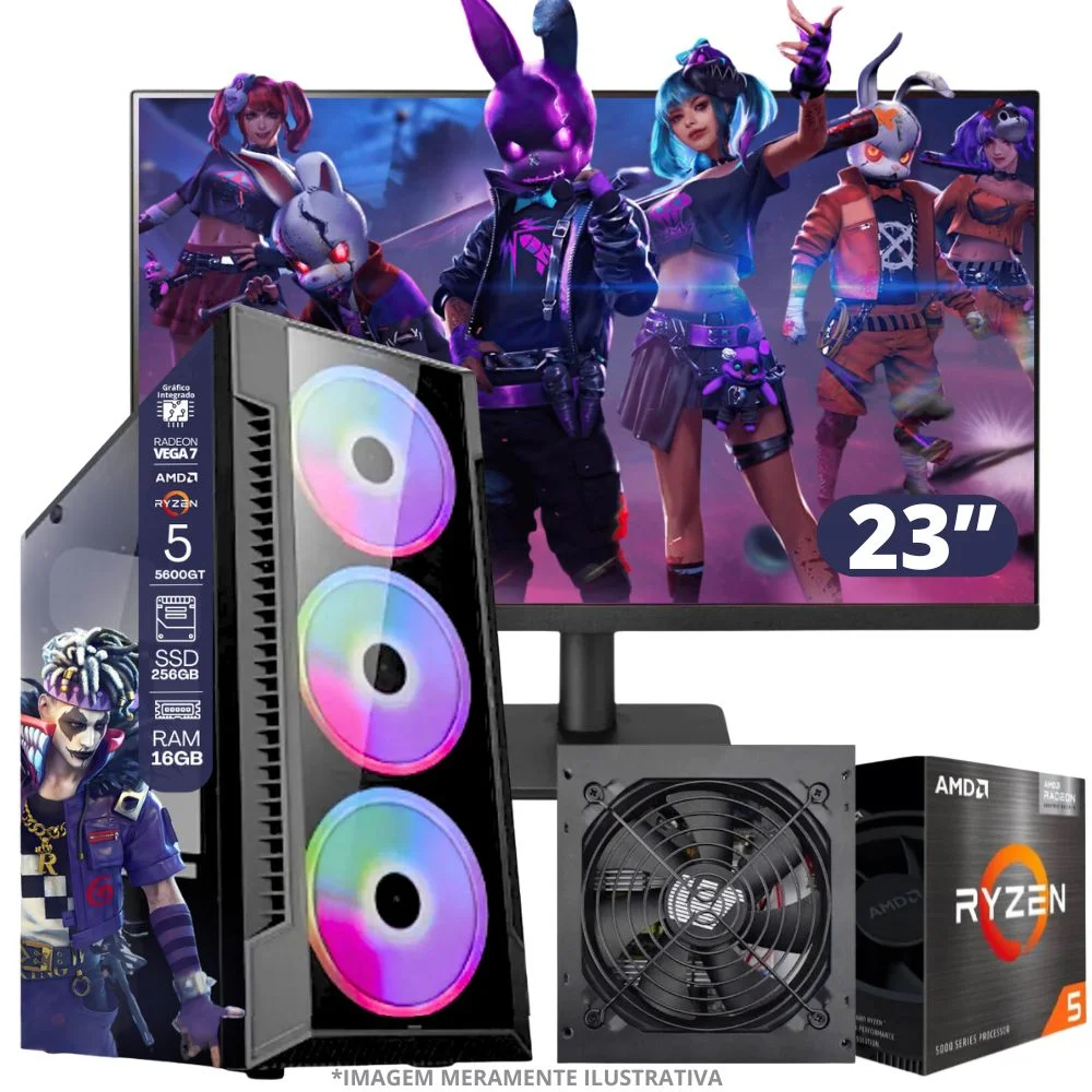 PC Gamer Amd Ryzen 5 5600gt, 16gb Ram, Placa De Video Radeon Vega 7, SSD 240GB, Fonte 550w + Monitor 23” LED 75hz