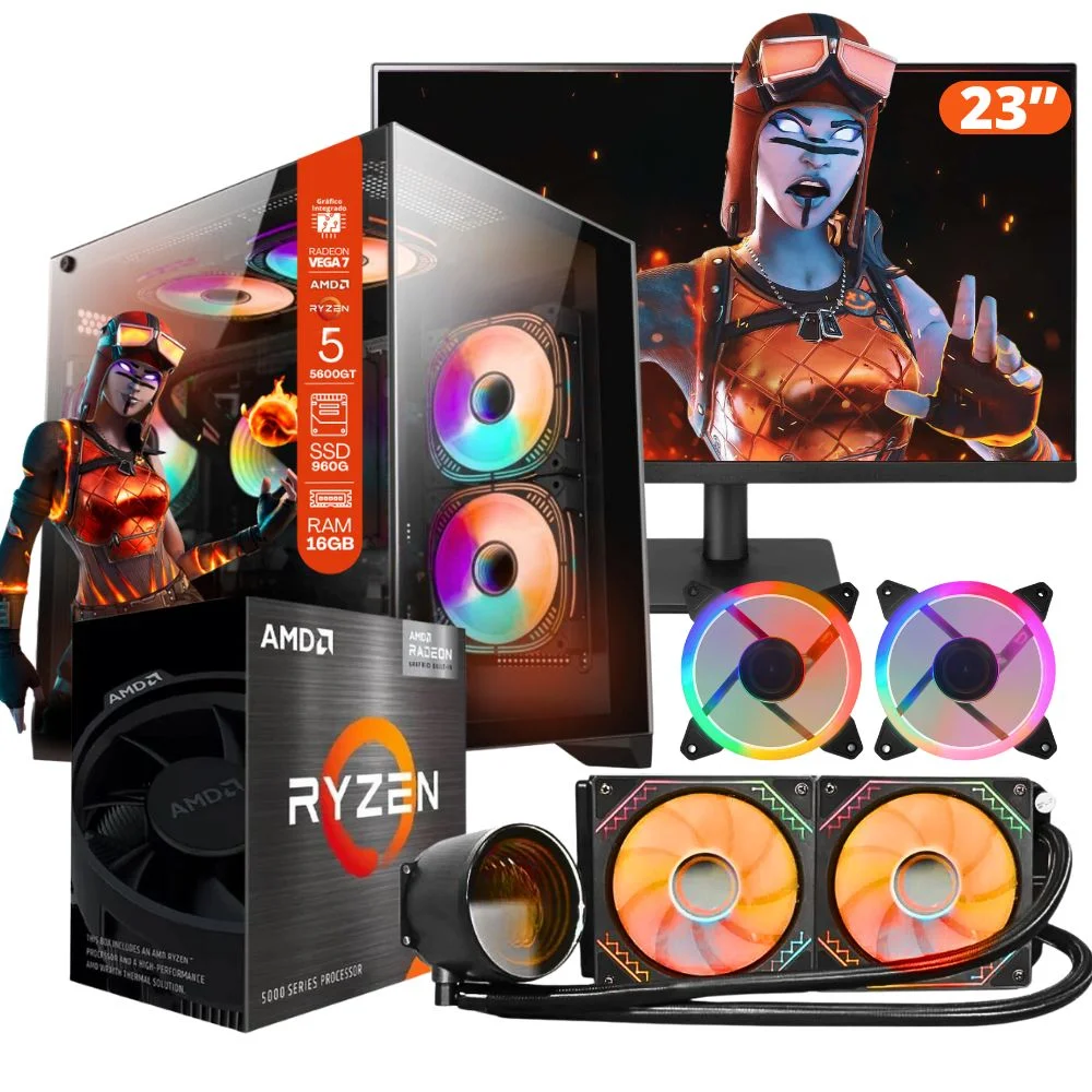 PC Gamer Amd Ryzen 5 5600gt, 16gb Ram, Placa De Video Radeon Vega 7, SSD 960gb, Fonte 550w, Water Cooler + Monitor 23” LED 75hz