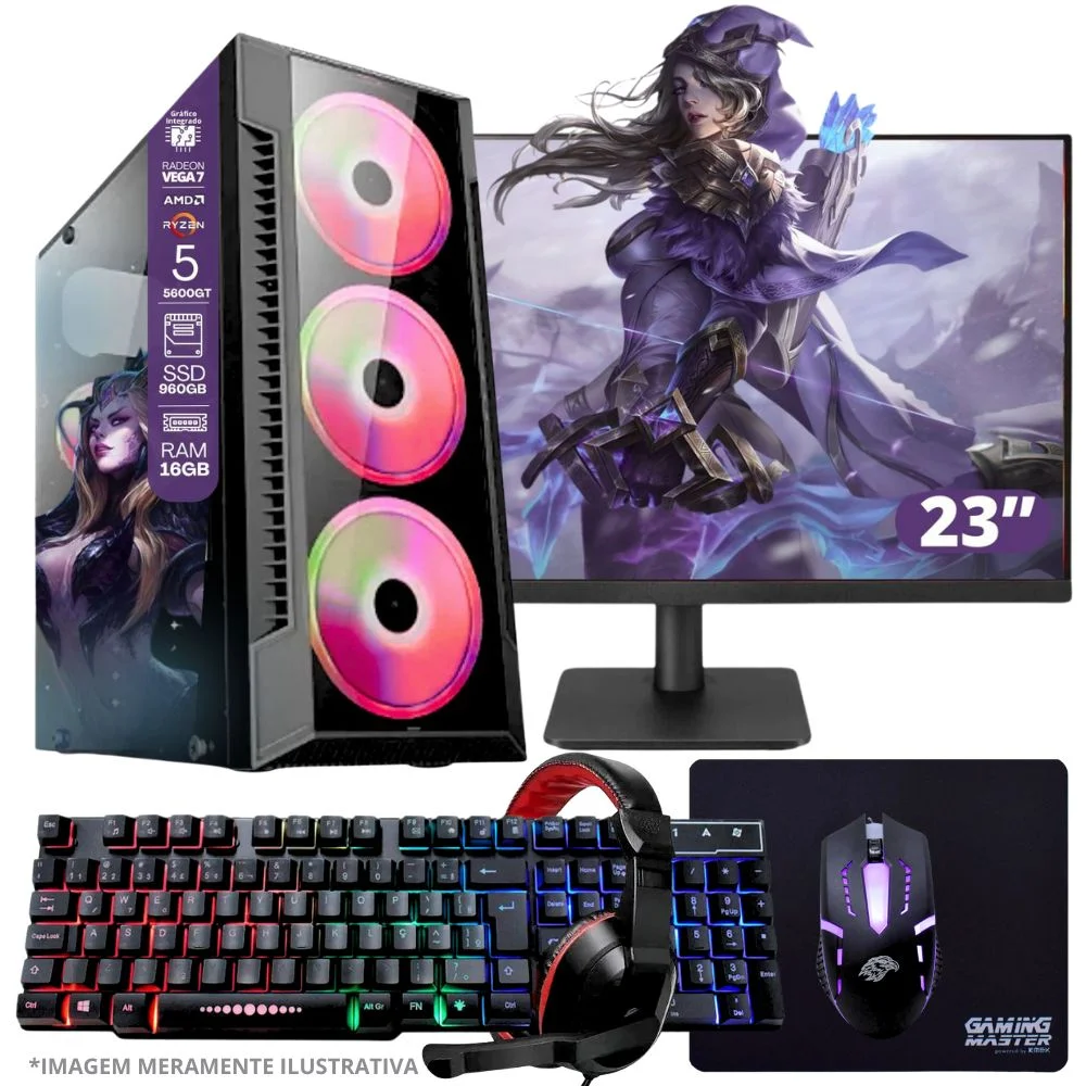 PC Gamer Amd Ryzen 5 5600gt, 16gb Ram, Placa De Video Radeon Vega 7, SSD 960gb, Fonte 550w + Monitor 23” LED 75hz + Kit Gamer Completo