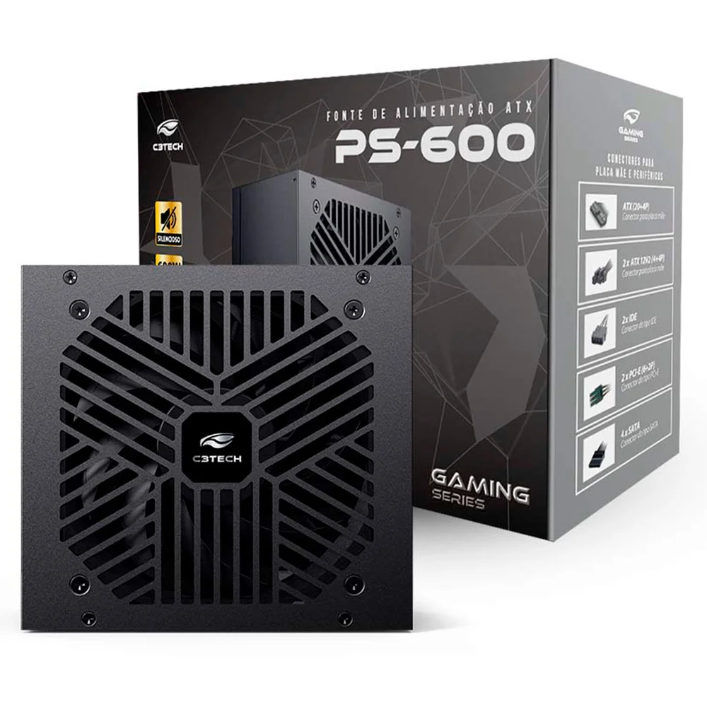 Fonte 600w Atx C3tech  Ps-600bk, Bivolt, Preta