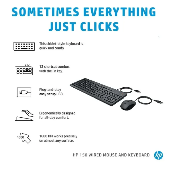 Imagem 2 de 5 do produto Kit Teclado E Mouse Hp 150, Usb-a, Layout Br, Preto