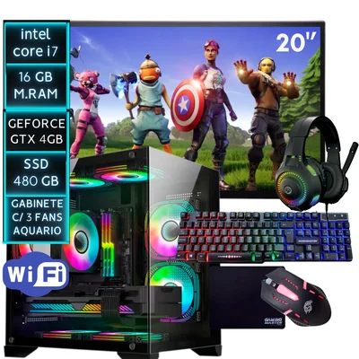 Pc Gamer completo, Intel Core i7, 16GB RAM, GeForce GTX 4GB, SSD 480GB + Monitor 20" + Kit Gamer Completo