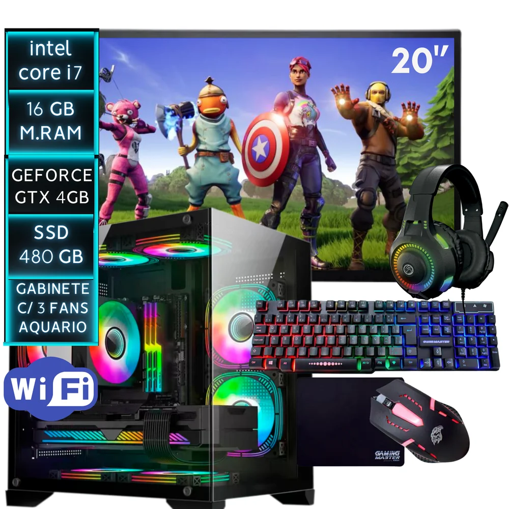 Pc Gamer completo, Intel Core i7, 16GB RAM, GeForce GTX 4GB, SSD 480GB + Monitor 20" + Kit Gamer Completo