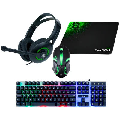 Kit Gamer 4 Em 1 Canopus Teclado Abnt 2, Mouse, Headset P3 E Mousepad, LED Em 7 Cores, Cgcs41, Elg