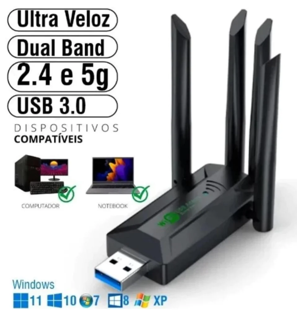 Imagem 2 de 4 do produto Adaptador 4 Antenas Sem Fio Wifi Dual Band 2.4 E 5ghz 1200 Mbps
