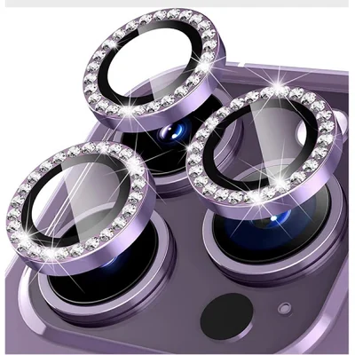 Kit 3 Películas Lente Câmera Strass Brilho Compatível Com Iphone 14 15 16 Proteção Cor:lilas;tamanho:iphone 16 Pro