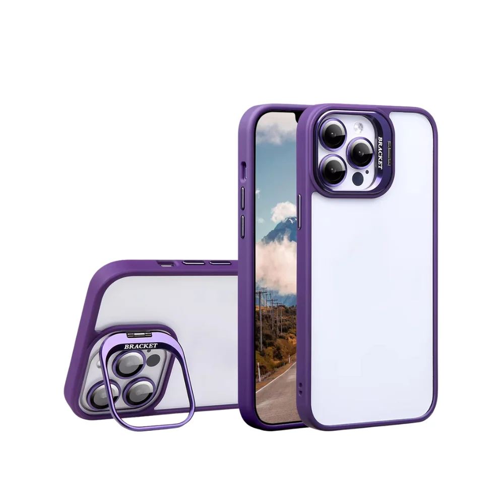 Imagem 2 de 2 do produto Capa Capinha Case Com Suporte Bracket Clean + Película De Câmera Iphone 15 Pro Max - Roxo