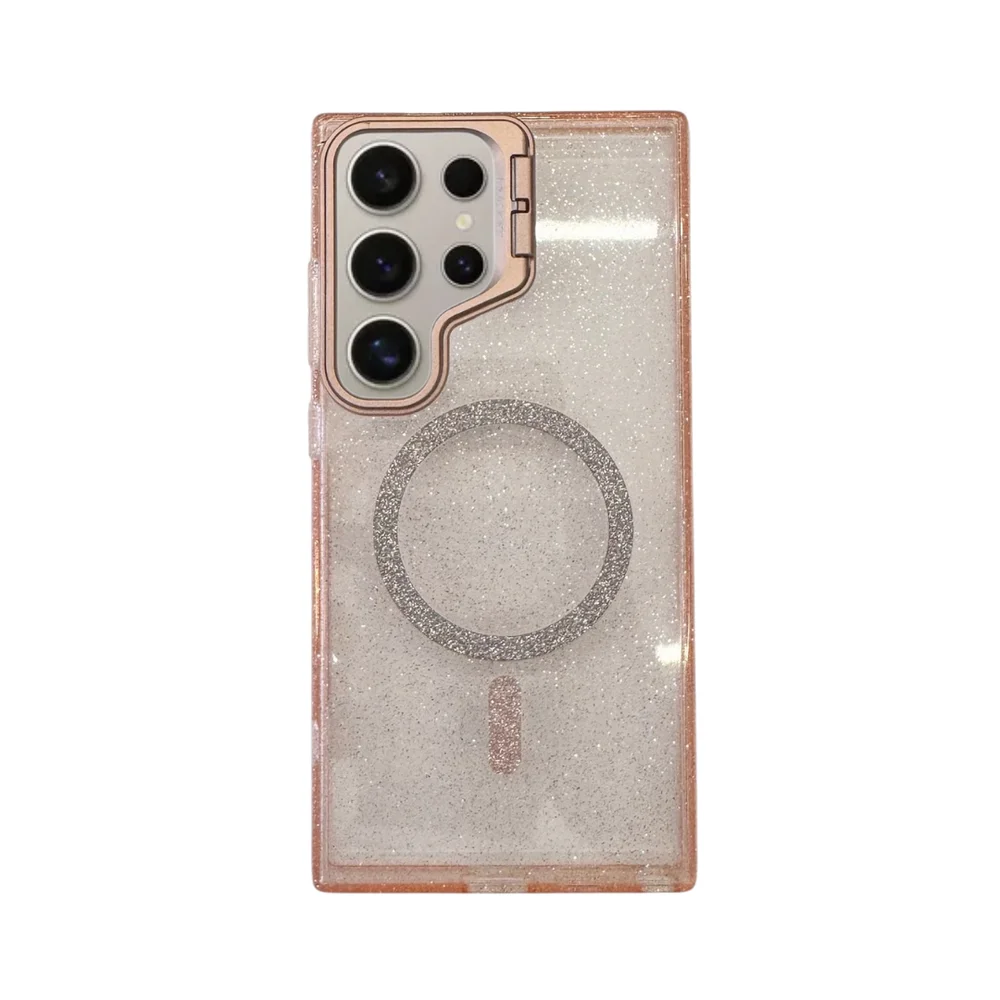 Capa Capinha Case Brilho Glitter Luxo Premium Magsafe Magnética Com Suporte Braket Para Samsung - Rosa - S25