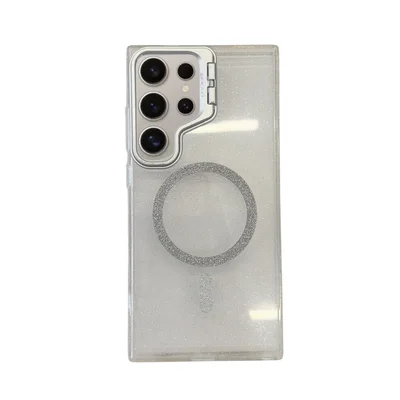 Capa Capinha Case Brilho Glitter Luxo Premium Magsafe Magnética Com Suporte Braket Para Samsung S23 Ultra - Branco