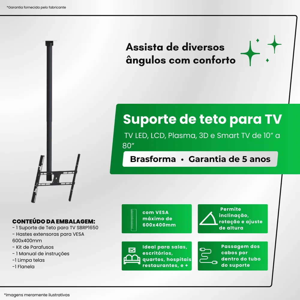 Imagem 4 de 5 do produto Suporte De Teto Para Tv 10” A 80” Brasforma Sbrp1650 Preto - 6 Unidades