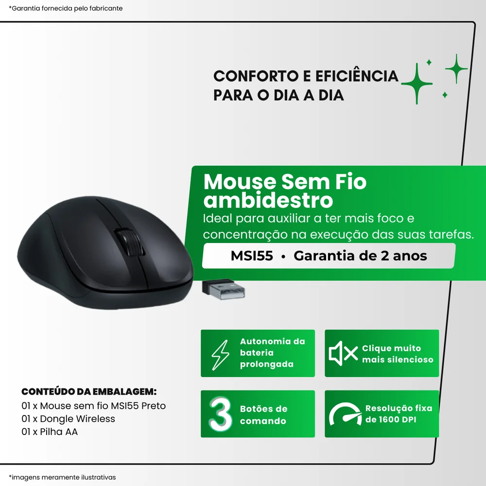 Imagem 4 de 5 do produto Mouse Sem Fio 1600dpi Intelbras Ambidestro Msi55 Preto - 5 Unidades