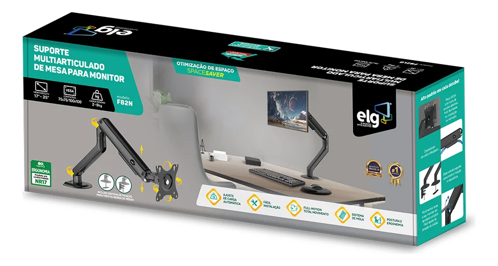 Imagem 2 de 5 do produto Suporte De Mesa Articulado  Elg F82n 17'' - 35'' Vesa, Com Pistão De Gás