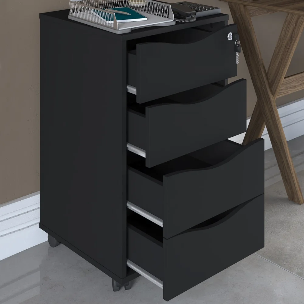 Imagem 3 de 5 do produto Escritório Completo Com Rodízio 4 Gavetas Com Chave  Preto - Artany Móveis