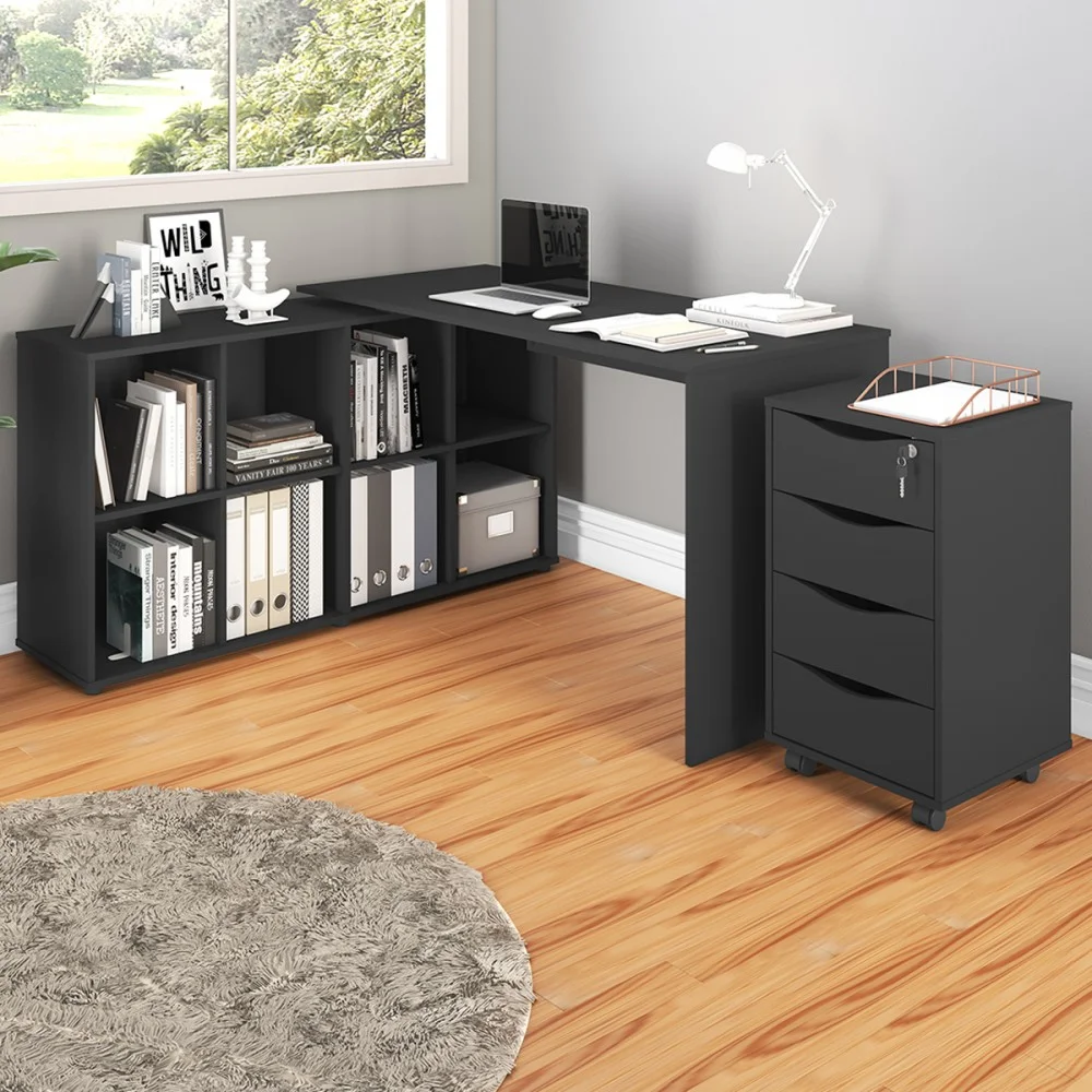Imagem 4 de 5 do produto Escritório Completo Com Rodízio 4 Gavetas Com Chave  Preto - Artany Móveis