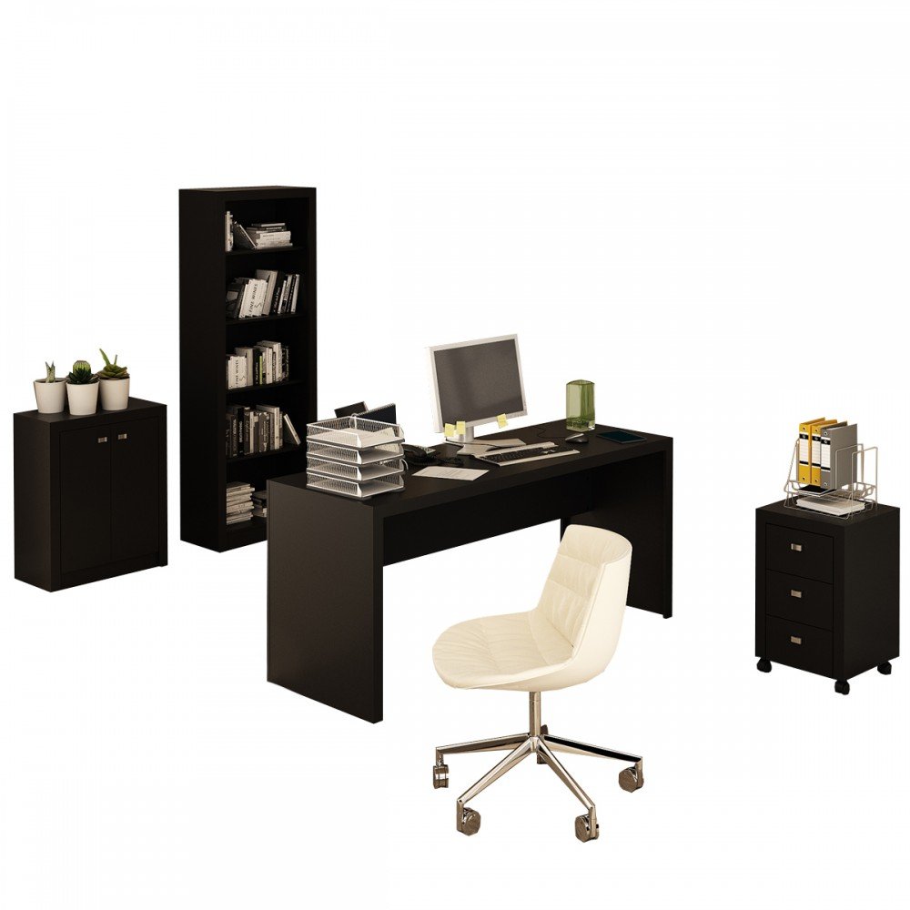 Conjunto Home Office 4 Peças Com 1 Mesa, 1 Estante, 1 Gaveteiro E 1 Armário Para Escritório Preto - Pnr Móveis