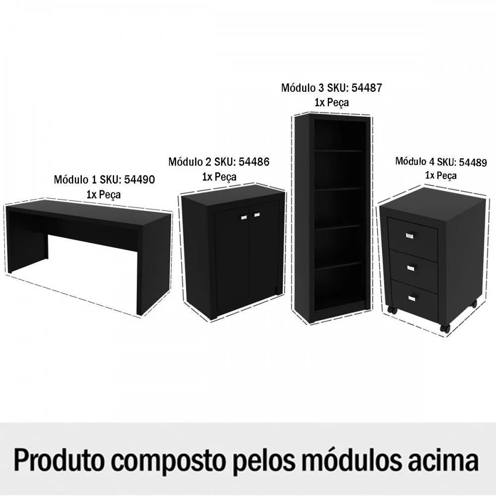 Imagem 2 de 5 do produto Conjunto Home Office 4 Peças Com 1 Mesa, 1 Estante, 1 Gaveteiro E 1 Armário Para Escritório Preto - Pnr Móveis