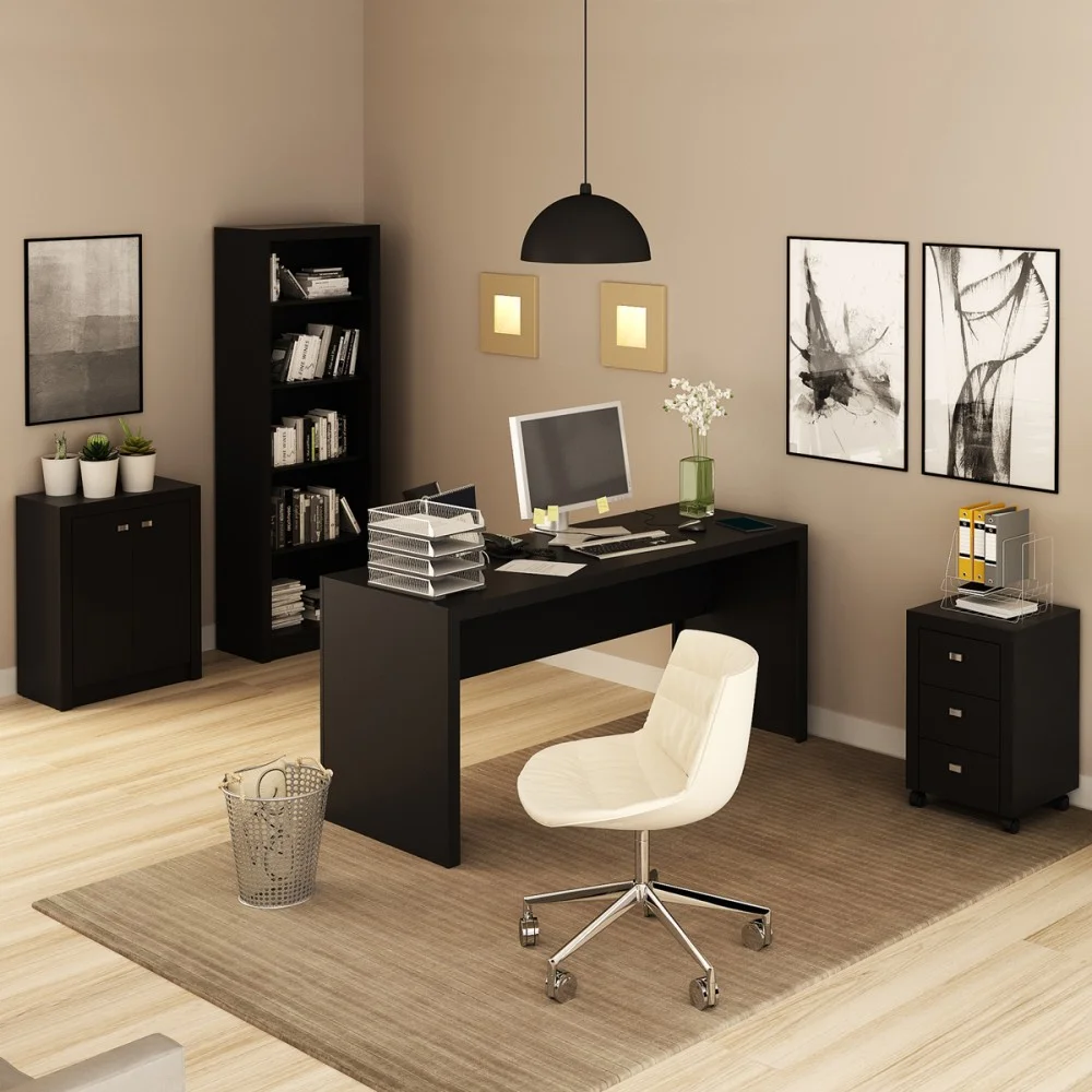 Imagem 4 de 5 do produto Conjunto Home Office 4 Peças Com 1 Mesa, 1 Estante, 1 Gaveteiro E 1 Armário Para Escritório Preto - Pnr Móveis