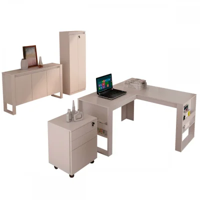 Conjunto Home Office 4 Peças 1 Mesa, 1 Gaveteiro E 2 Armários Para Escritório Stanford 6 Branco - Pnr Móveis