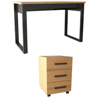 Conjunto Home Office Industrial 100% Mdf Mesa E Gaveteiro Freijó/preto - Panorama Móveis