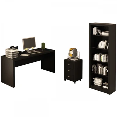 Conjunto Home Office 3 Peças Com 1 Mesa, 1 Gaveteiro E 1 Estante Para Livros Preto -  Pnr Móveis